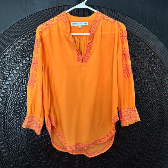 Gretchen Scott Embroidered Tunic Top S Orange Pink 3/4 Sleeve Boho Art Coastal - Picture 1 of 12